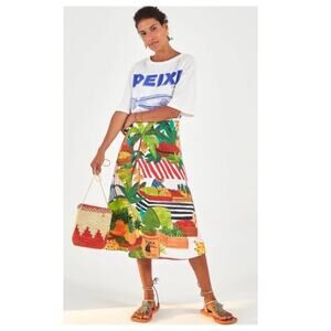 NEW FARM RIO Tropical Fair Linen-Blend Midi Skirt Size Small